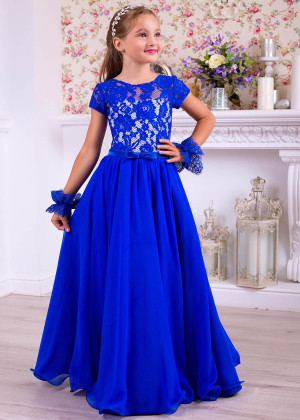 Short Sleeves Royal Blue Lace Chiffon Curly Hem Flower Girl Dress